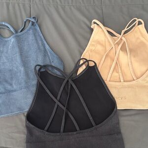 GILLY HICKS Set of Three Strappy Sports Bras - Blue, Black, Beige